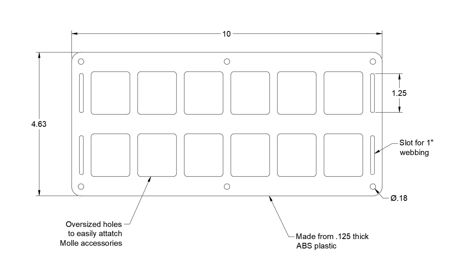 Technical blueprint showing dimensions, hole spacing, and layout for the 12 pack MOLLE panel.