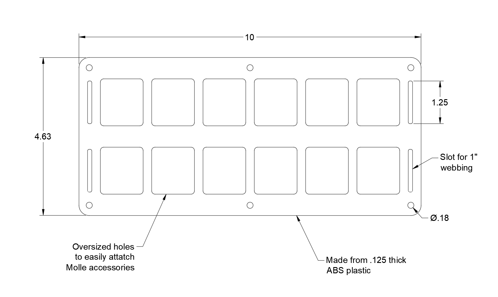 Technical blueprint showing dimensions, hole spacing, and layout for the 12 pack MOLLE panel.