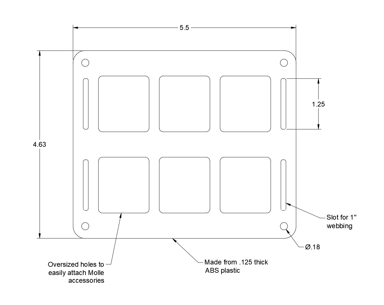 Technical blueprint showing dimensions, hole spacing, and layout for the 6 pack MOLLE panel.