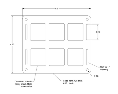 Technical blueprint showing dimensions, hole spacing, and layout for the 6 pack MOLLE panel.