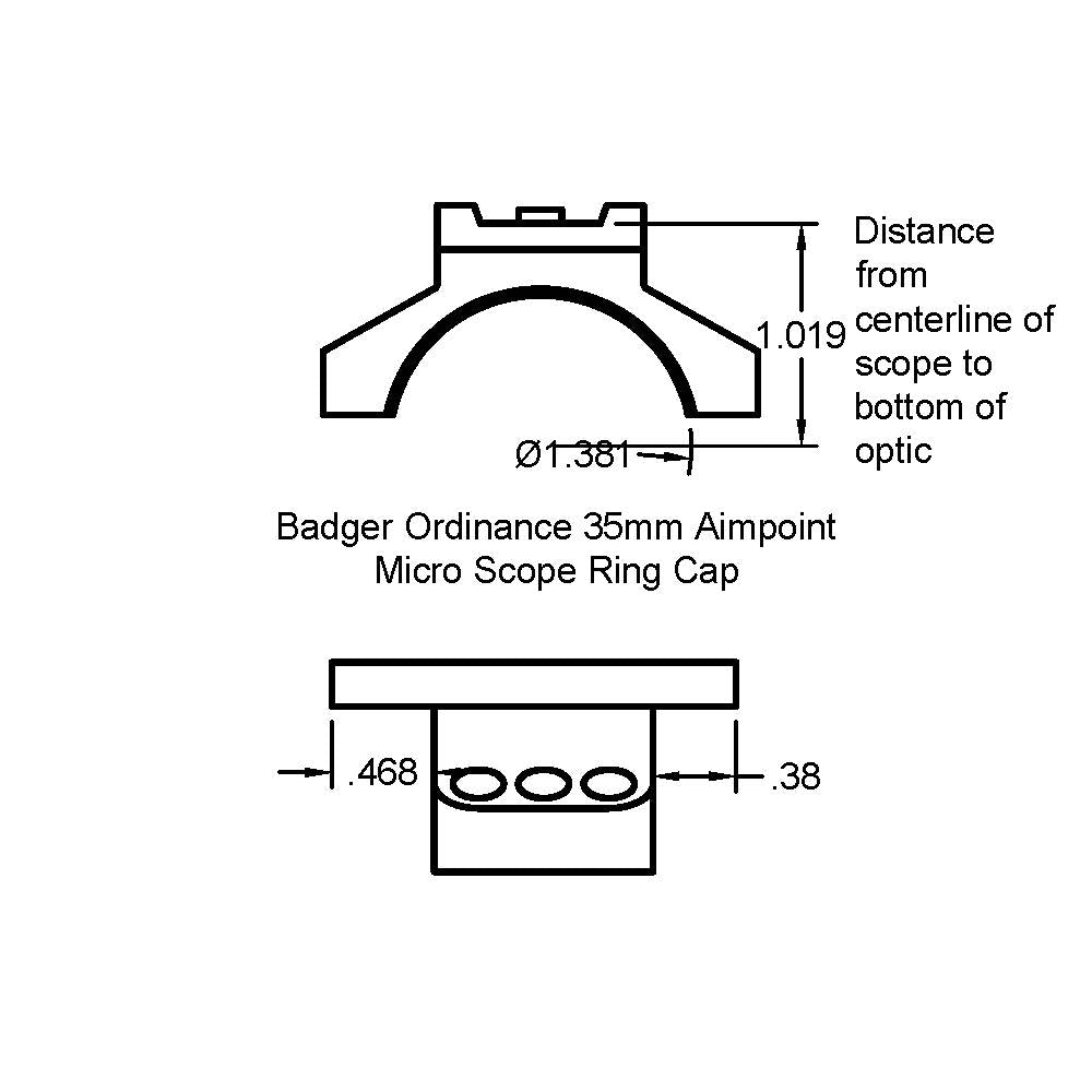 Technical blueprint of the Homestead Defense Badger Ordnance 35mm Aimpoint Micro scope ring cap showing dimensional callouts and mounting geometry