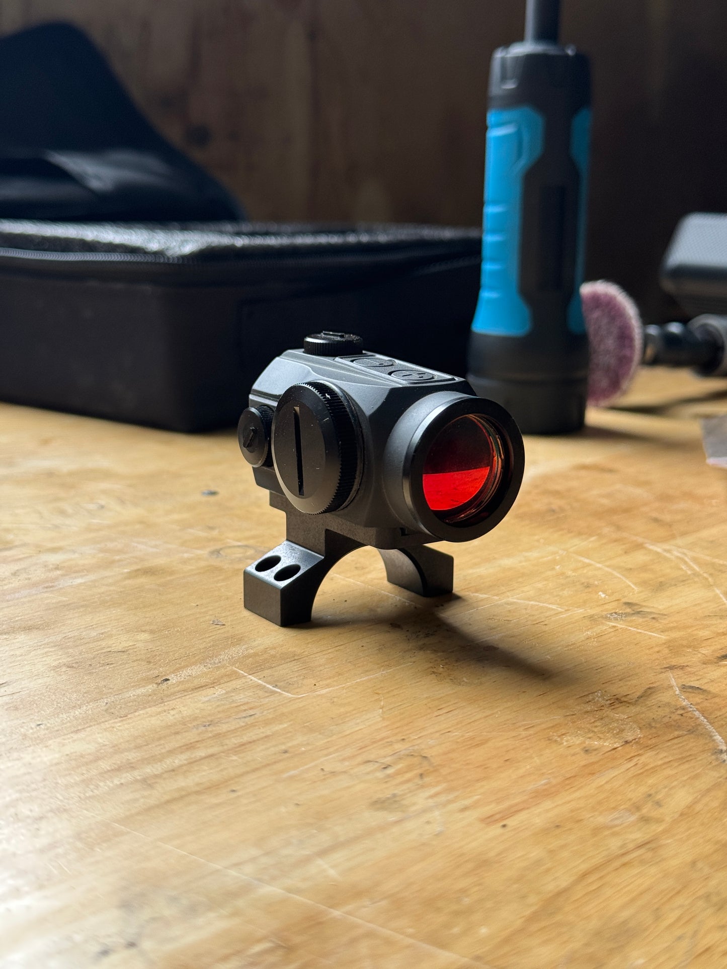 Front angle of Aimpoint Micro installed on Vortex 30mm piggyback scope ring cap adapter.