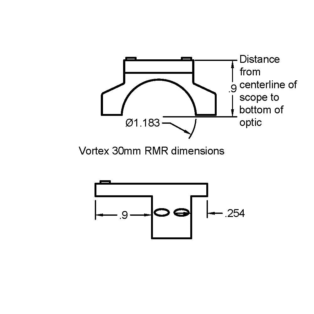Technical blueprint showing dimensions for the Vortex 30mm RMR piggyback scope ring adapter.